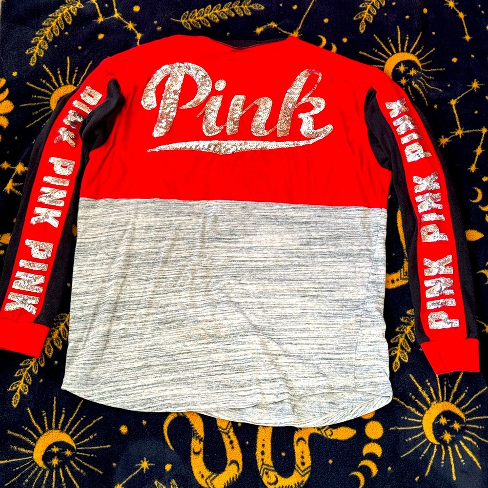 PINK Victoria's Secret Red Black and Gray Long Sleeve Tee